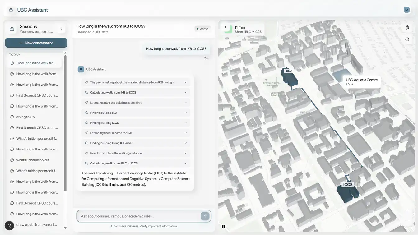 AI chat with a walking route on the campus map